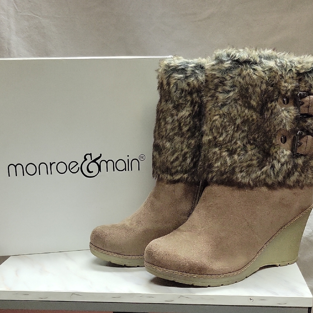 Monroe & Main Faux Fur Trim Wedge Boots